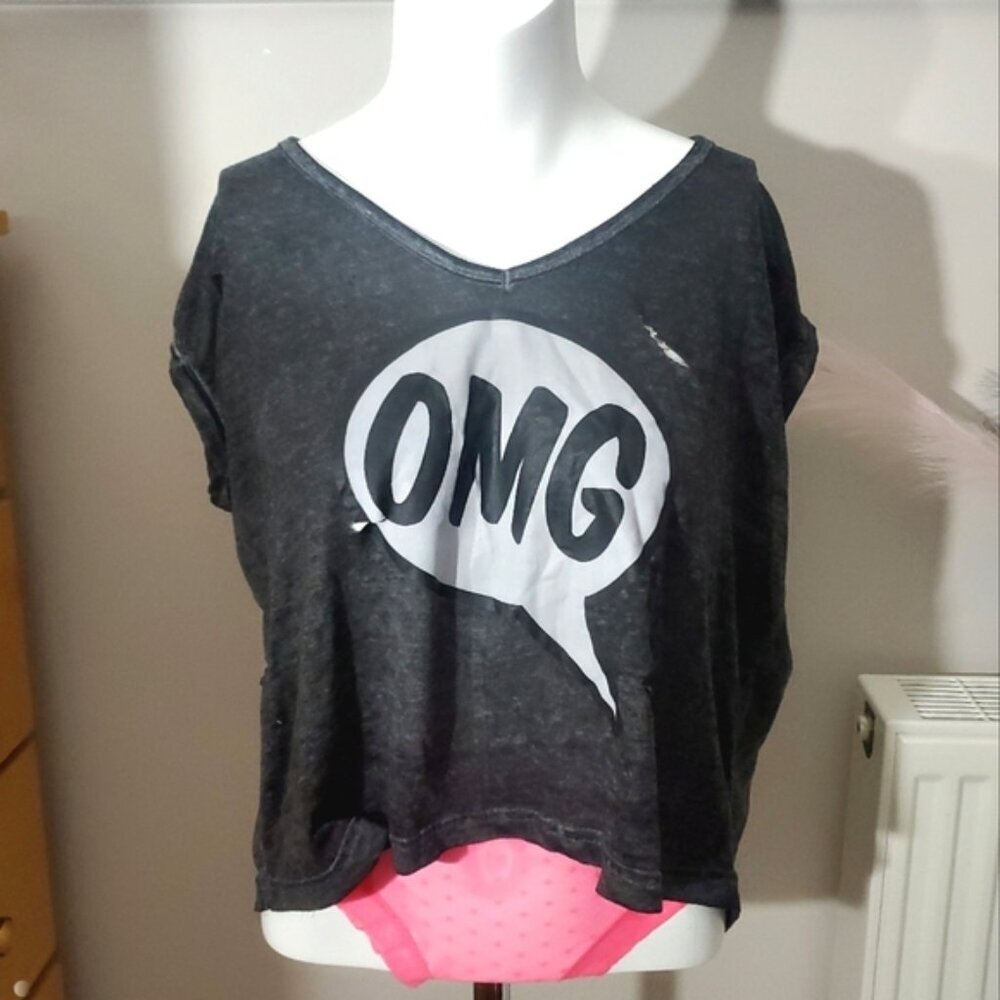Dark Grey Heather "OMG" Logo Print V Neck Slashed Tee